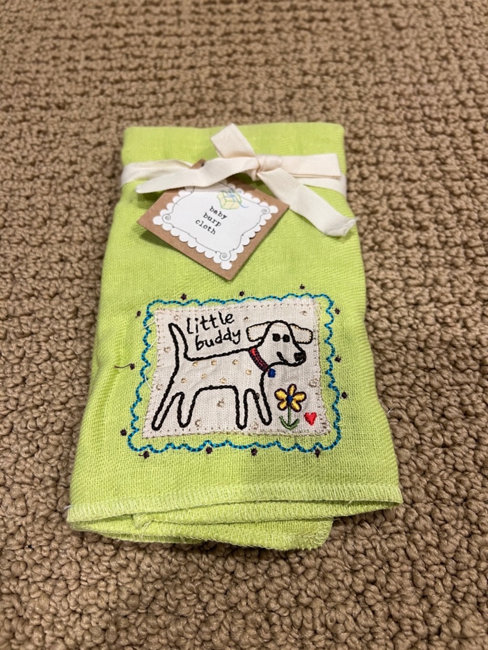 Natural Life Lime Green Baby Burp Cloth with 'Little Buddy' Dog Embroidery